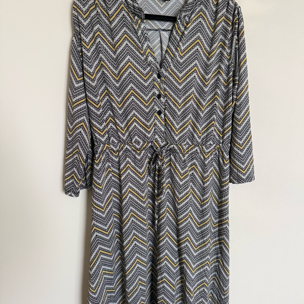 Robert Louis Chevron Print Dress XL Black White Gold Tie Waist Boho